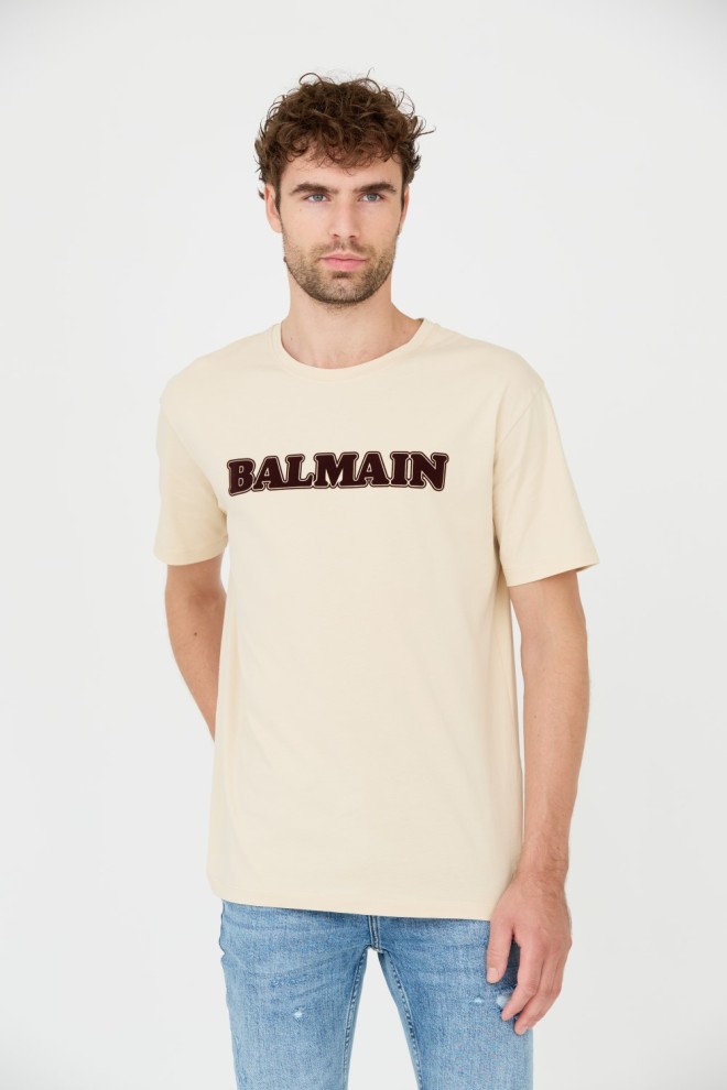 BALMAIN Beżowy męski t-shirt Retro Balmain Flock, Rozmiar 3XL