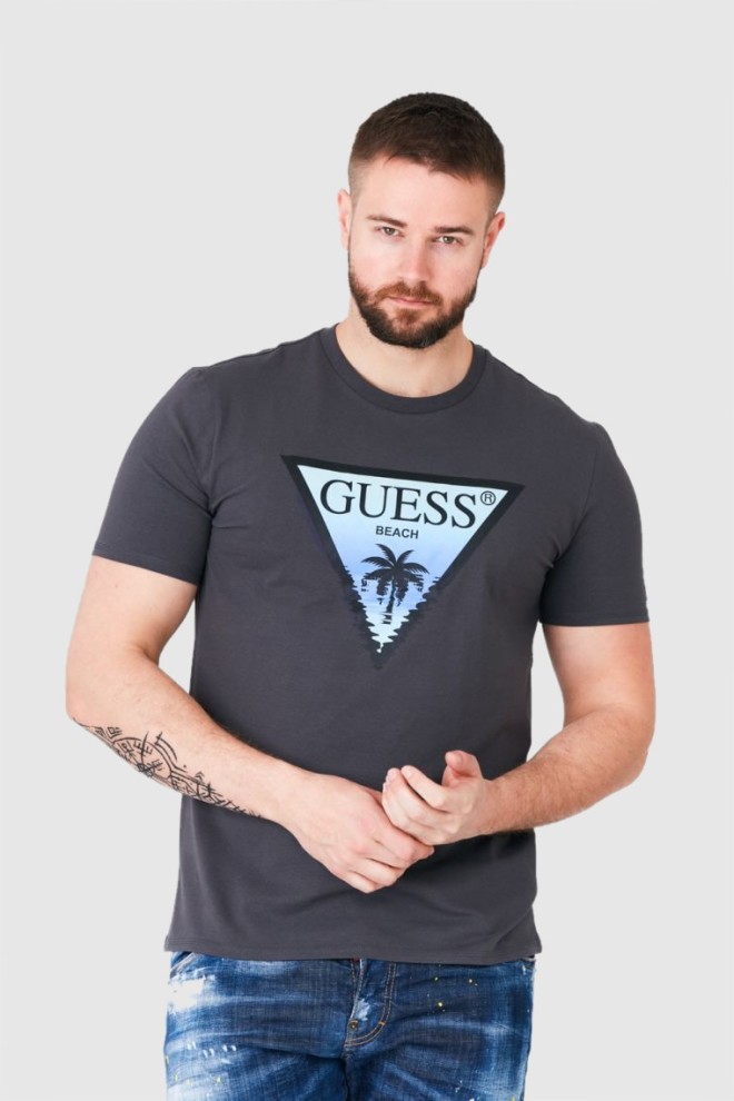GUESS Grafitowy t-shirt męski z logo z palmą, Rozmiar S