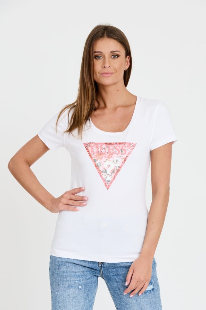 GUESS Biały damski t-shirt Satin Triangle Tee, Rozmiar XS