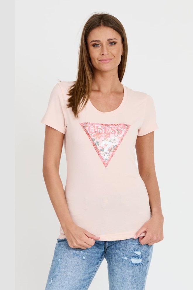 GUESS Różowy damski t-shirt Satin Triangle Tee, Rozmiar S