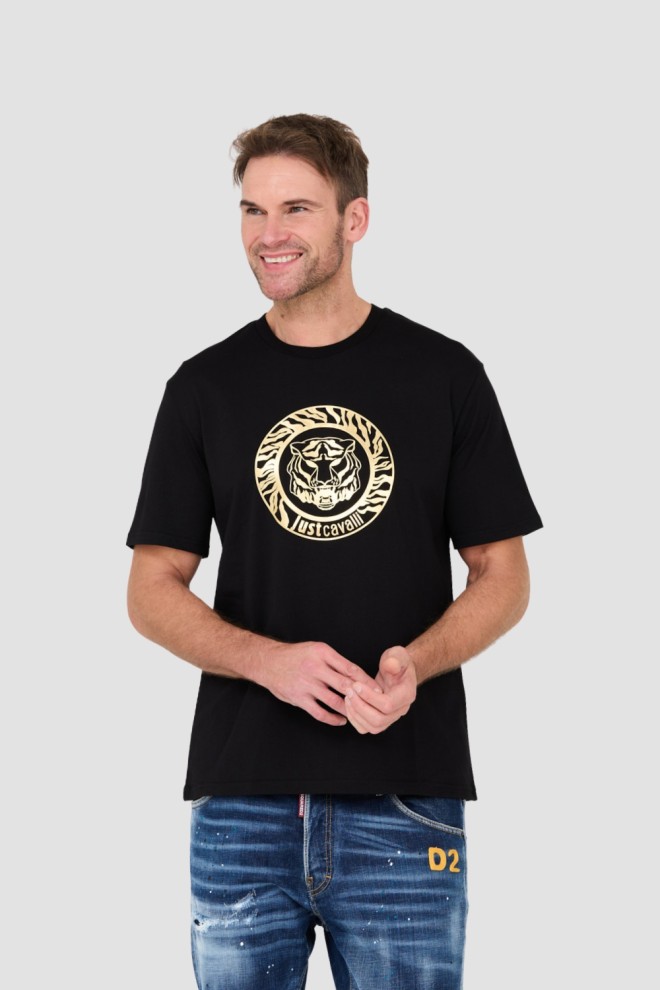 JUST CAVALLI Czarny męski t-shirt T-round Gold, Rozmiar S