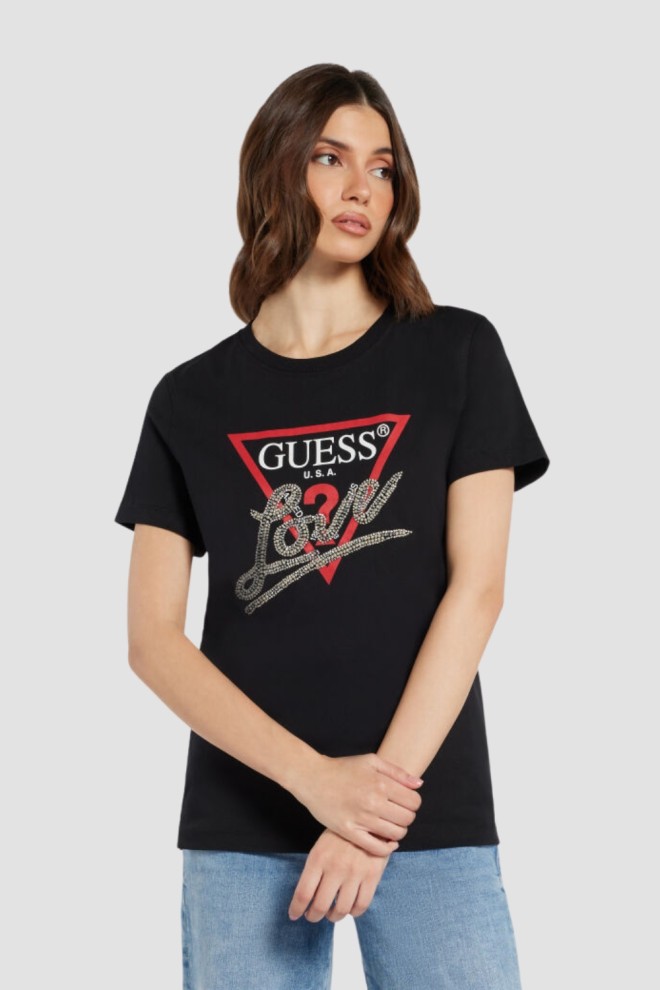 GUESS Czarny damski t-shirt bawełniany Love Tee, Rozmiar L