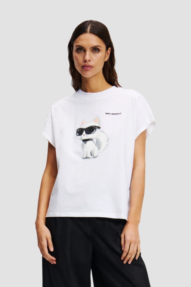 KARL LAGERFELD Biały damski t-shirt Ikon Aquarelle C Loose, Rozmiar M