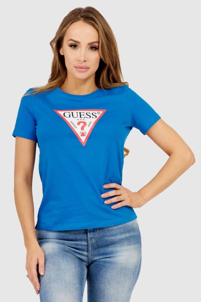 GUESS Niebieski t-shirt damski z dużym trójkątnym logo, Rozmiar XS