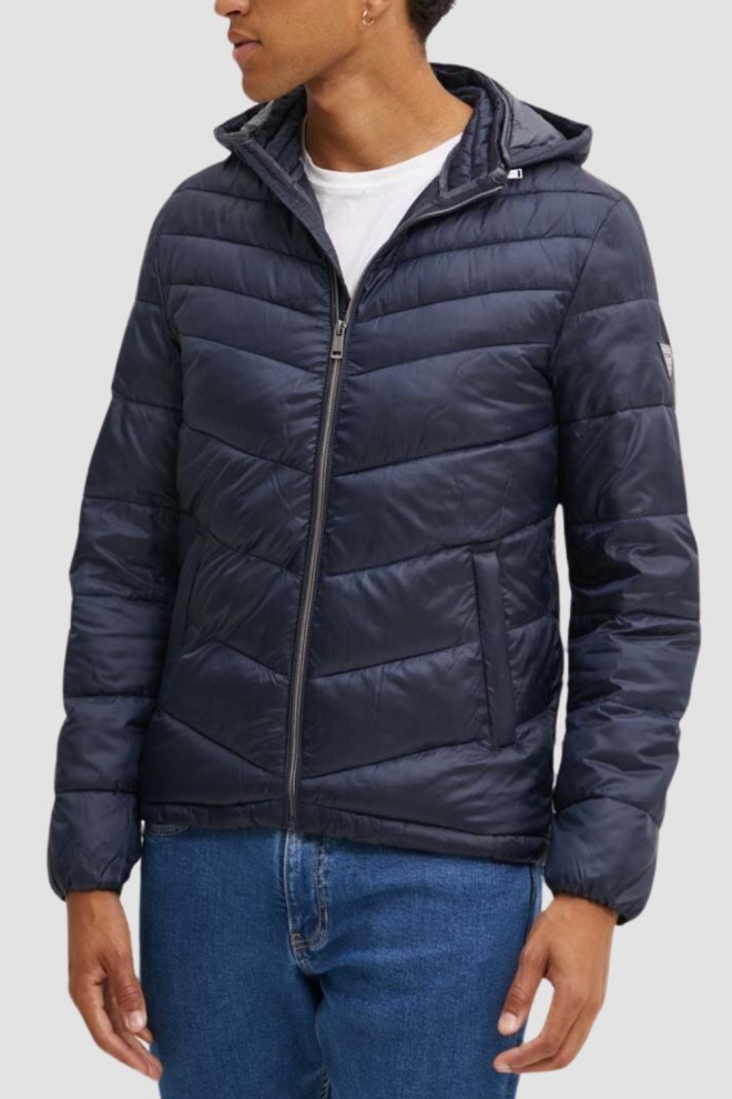GUESS Granatowa męska kurtka z kapturem Super Light Puffa Jacket, Rozmiar L