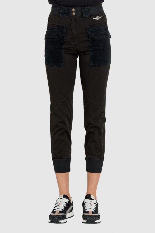 AERONAUTICA MILITARE Czarne spodnie damskie cargo ze ściągaczem w pasie, Rozmiar 38 IT - 34 EU