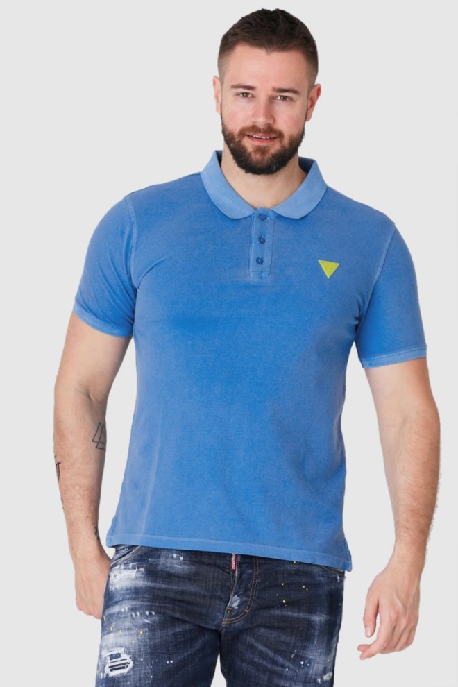 GUESS Niebieska męska koszulka polo z żółtym logo, Rozmiar M