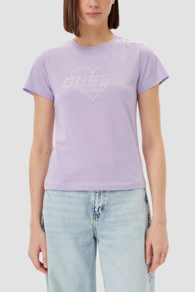 GUESS Lawendowy damski t-shirt bawełniany Narciso, Rozmiar M