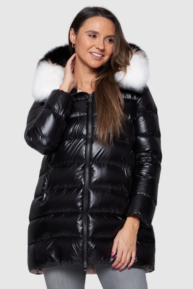 HETREGO Czarna damska długa kurtka puchowa Gygiea z lisem, Rozmiar 38 EU - 42 IT