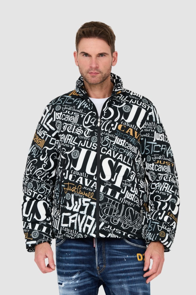 JUST CAVALLI Czarna męska kurtka Print Lettering, Rozmiar 48
