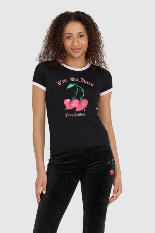JUICY COUTURE Czarny t-shirt damski z wisienkami, Rozmiar M