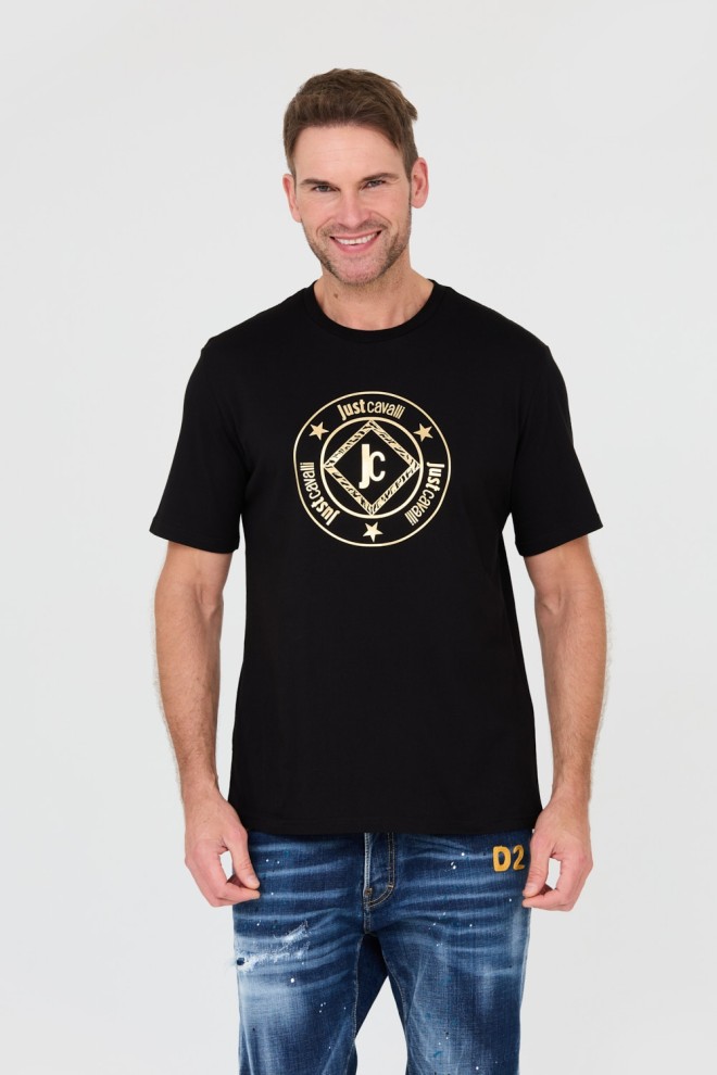 JUST CAVALLI Czarny męski t-shirt Fiche Gold, Rozmiar XL