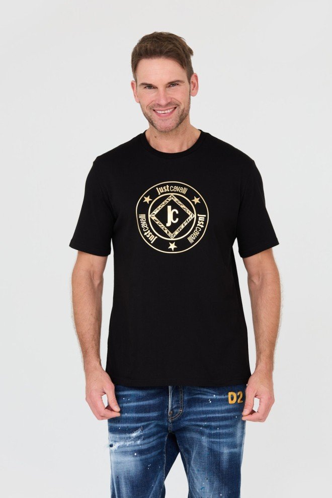 JUST CAVALLI Czarny męski t-shirt Fiche Gold, Rozmiar XL