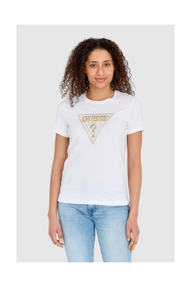 GUESS Biały t-shirt damski ze złotym haftowanym cyrkoniami logotypem slim fit, Rozmiar S