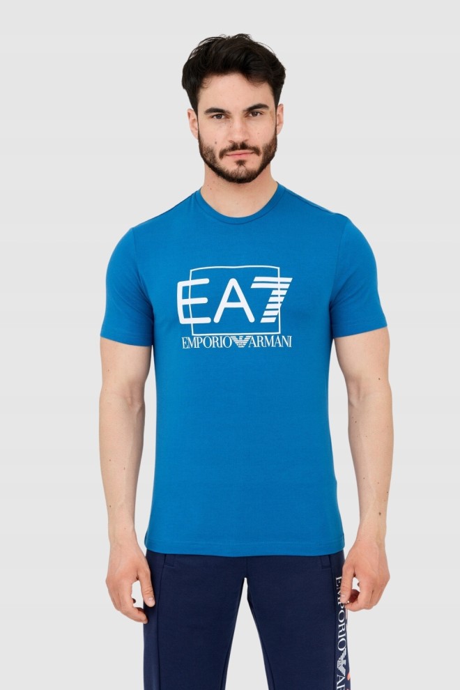 EA7 Niebieski męski t-shirt z dużym logo, Rozmiar XXL