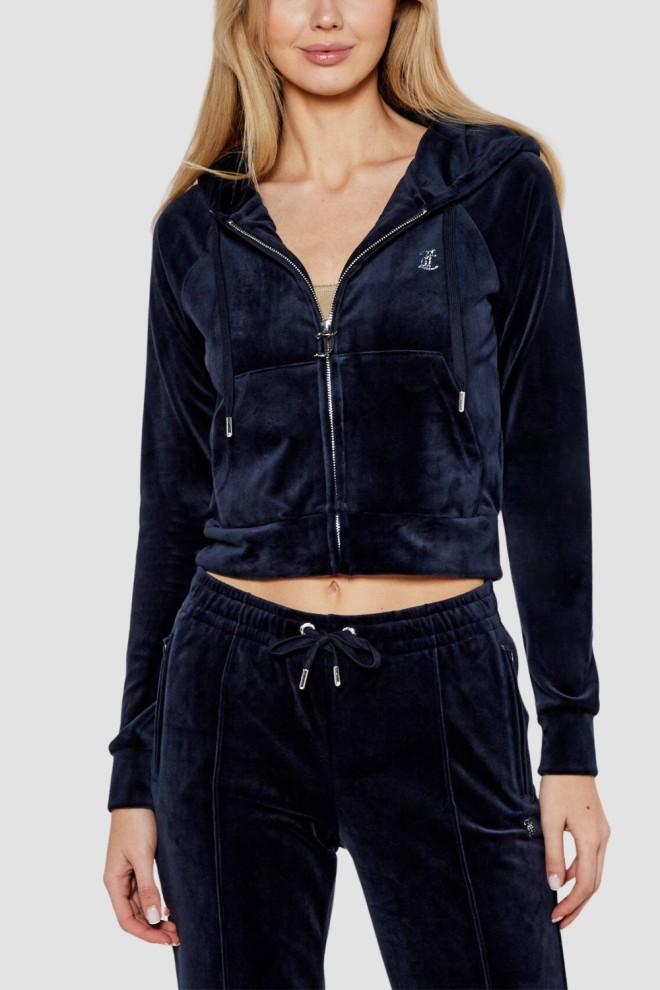 JUICY COUTURE Granatowa bluza damska welurowa Madison z cyrkoniami, Rozmiar M