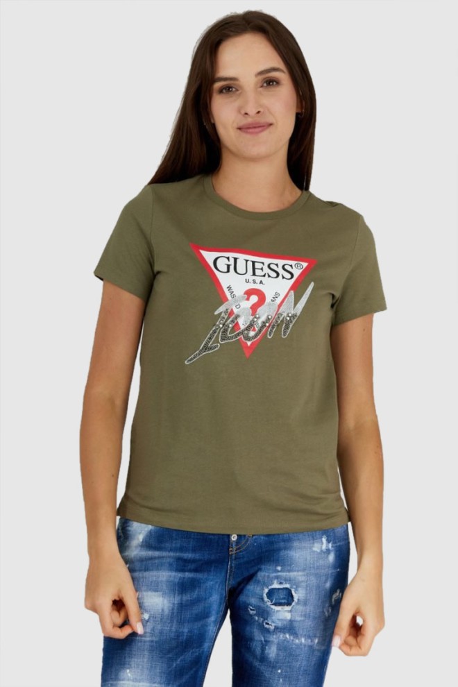 GUESS Zielony t-shirt damski bawełniany icon, Rozmiar M