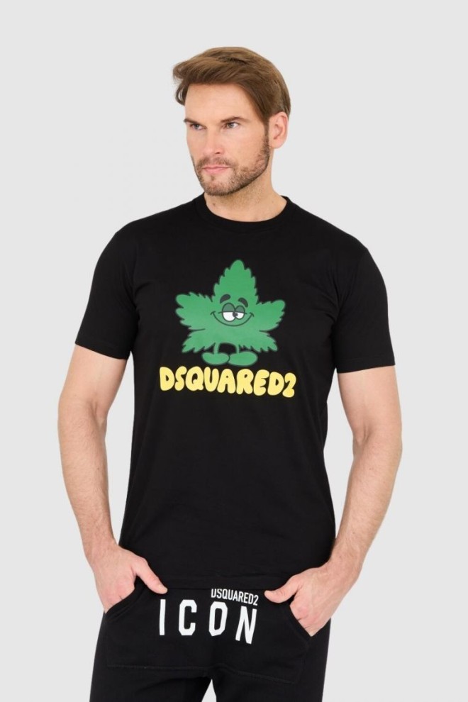 DSQUARED2 Czarny męski t-shirt z logo i zielonym liściem, Rozmiar M