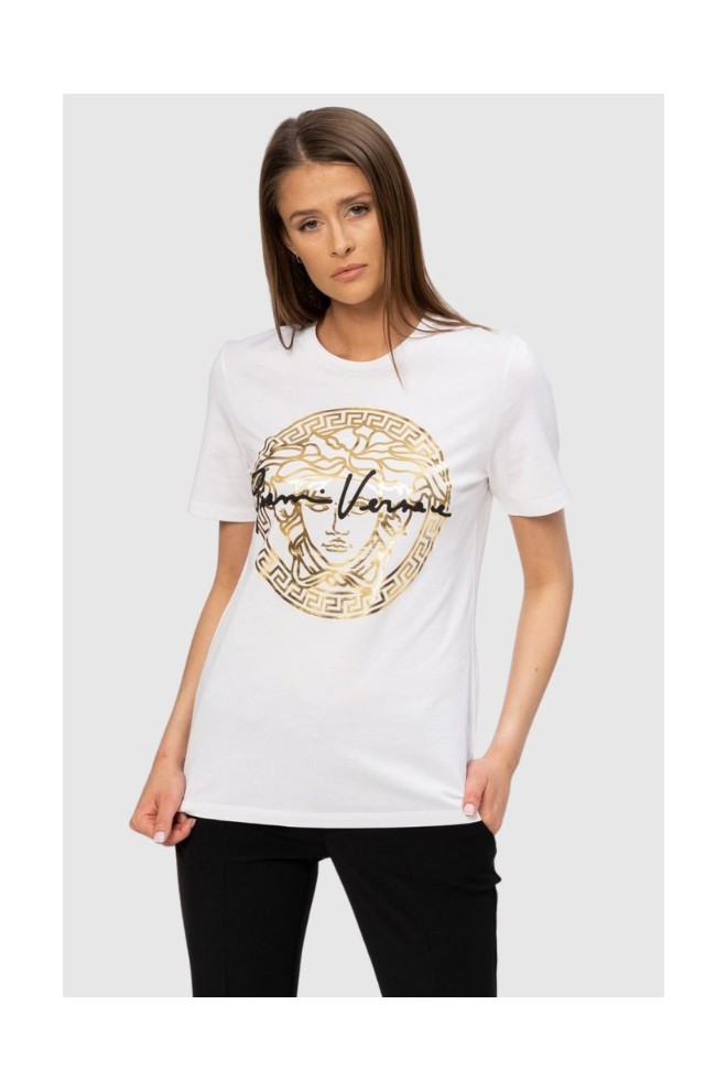 VERSACE Biały t-shirt damski ze złotą meduzą, Rozmiar 40