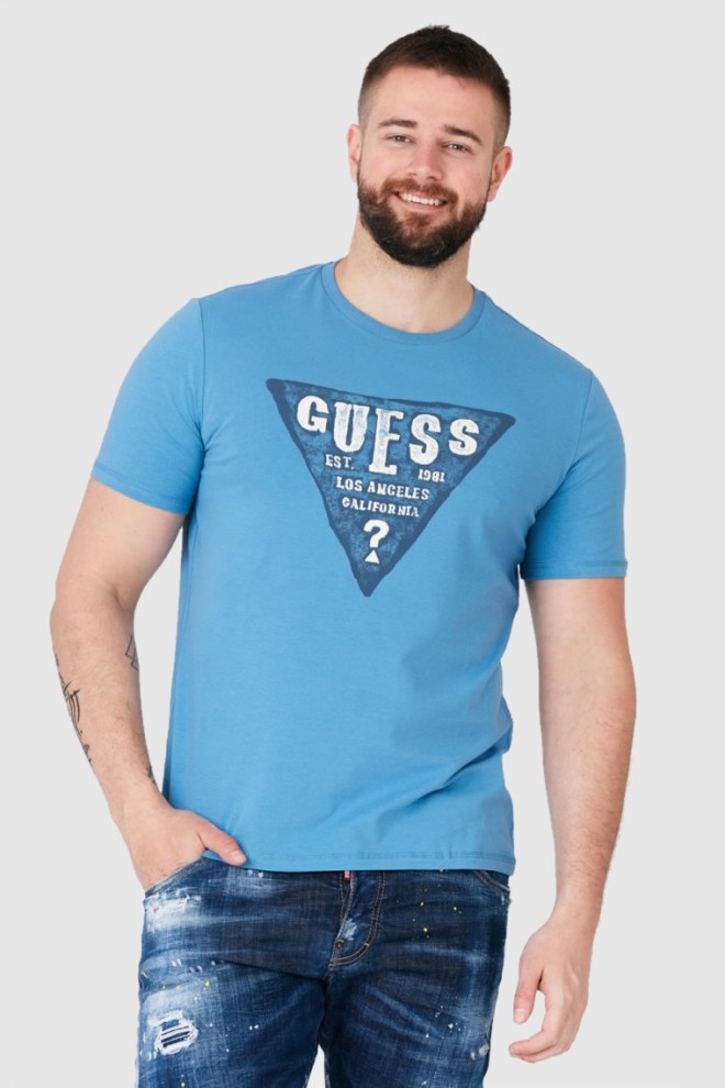 GUESS Niebieski t-shirt męski z dużym logo, Rozmiar S
