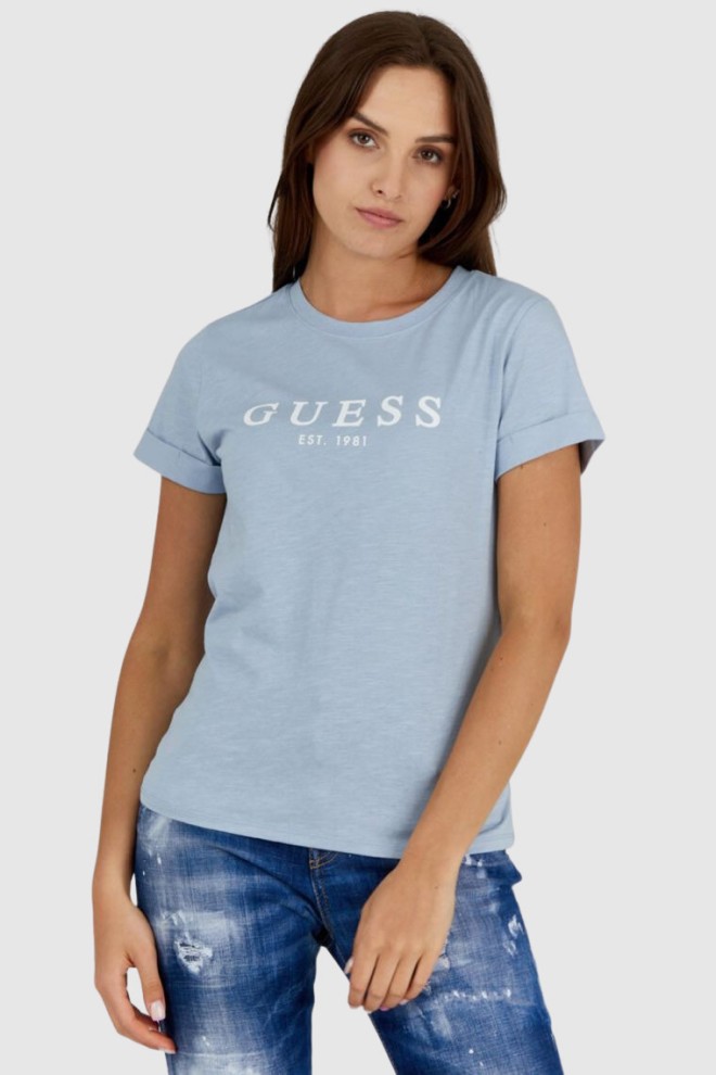 GUESS Błękitny t-shirt damski bawełniany z białym logo, Rozmiar XS