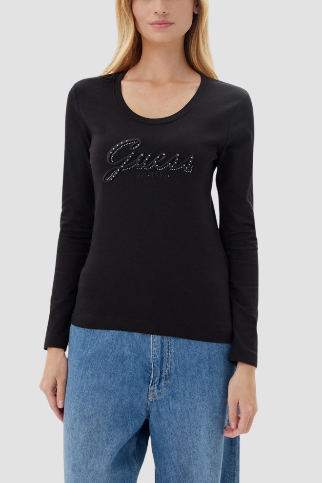 GUESS Czarny damski longsleeve Embro Script, Rozmiar XS