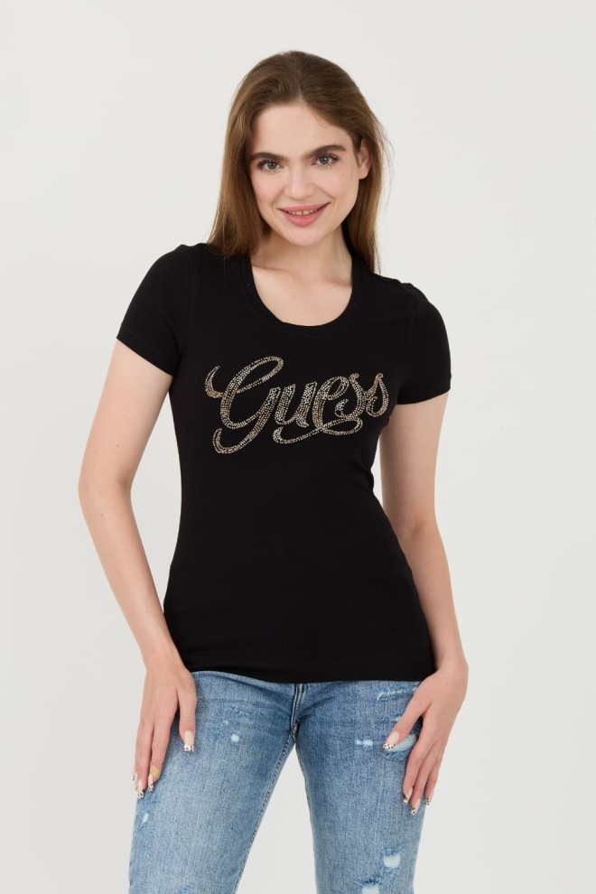 GUESS Czarny damski t-shirt Script, Rozmiar XS