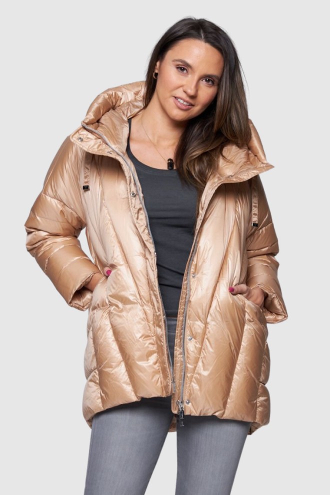 DIEGO M Beżowa damska kurtka puchowa z kapturem, Rozmiar 36 EU - 40 IT