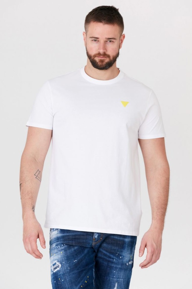 GUESS Biały bawełniany t-shirt męski z żółtym logo, Rozmiar M