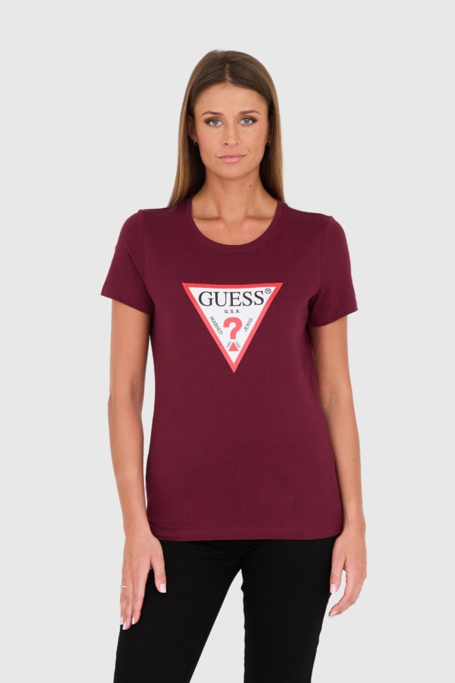 GUESS Bordowy damski t-shirt bawełniany Original Tee, Rozmiar S