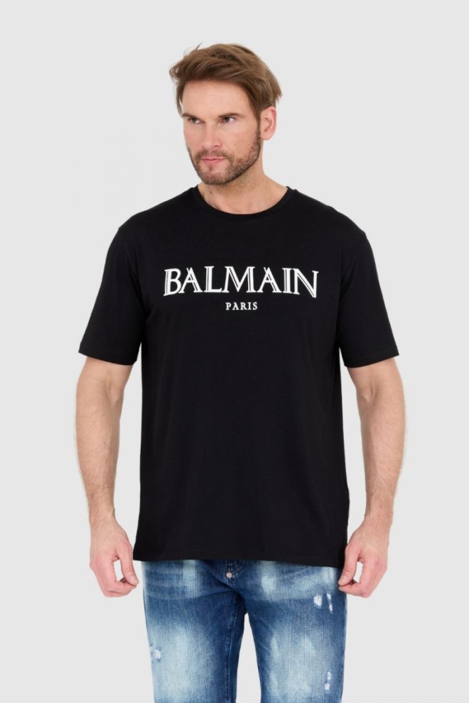 BALMAIN Czarny męski t-shirt z wypukłym gumowym logo, Rozmiar L
