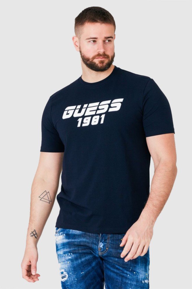 GUESS Granatowy t-shirt męski z odblaskowym logo, Rozmiar S