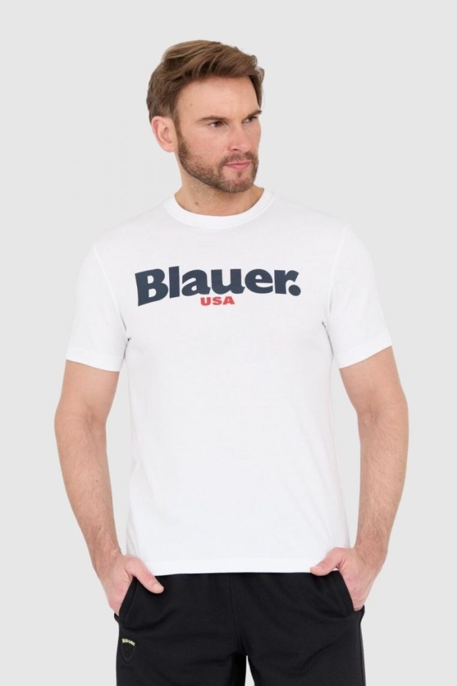 BLAUER Biały męski t-shirt z dużym logo, Rozmiar L
