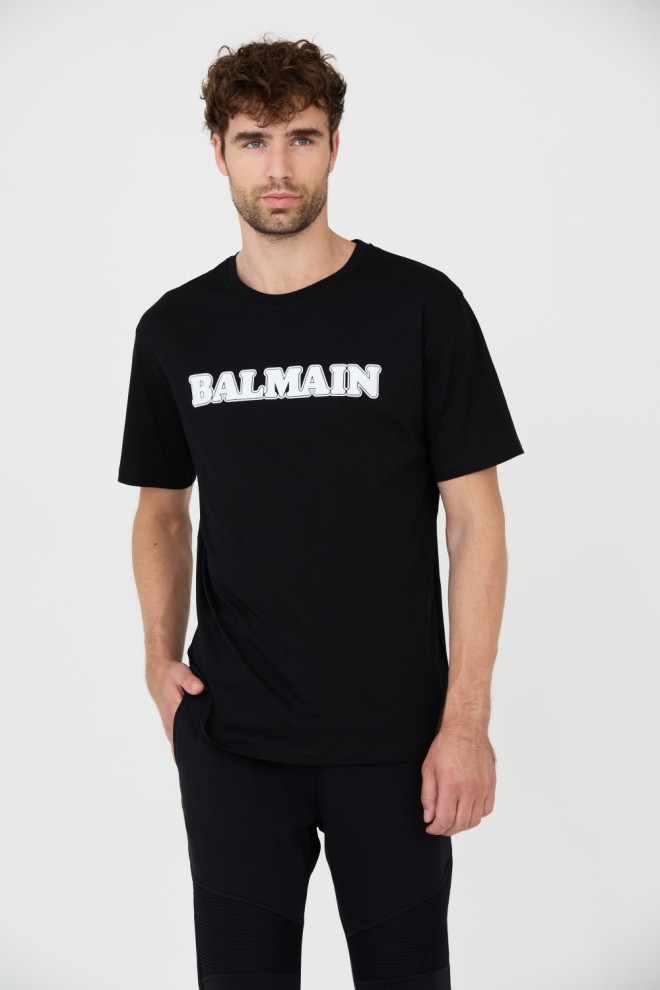 BALMAIN Czarny męski t-shirt z białym logo Retro Balmain Flock, Rozmiar 3XL