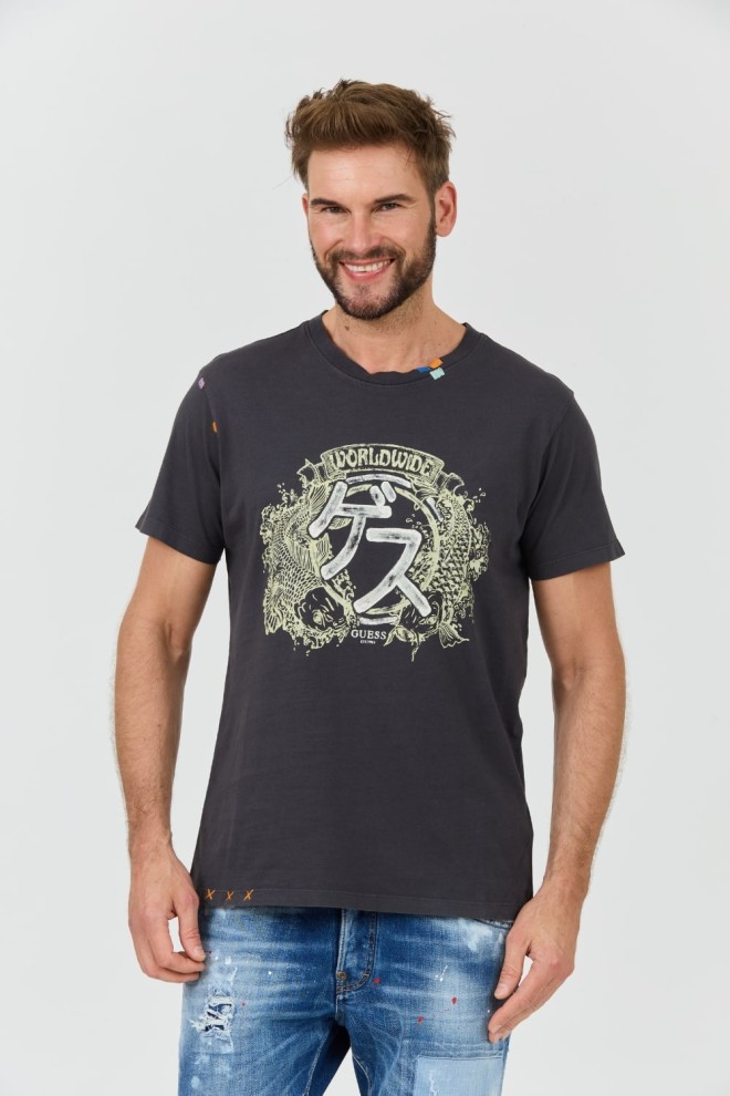 GUESS Szary męski t-shirt bawełniany Japanese Ideog, Rozmiar M