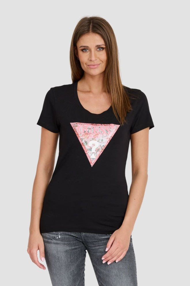 GUESS Czarny damski t-shirt Satin Triangle Tee, Rozmiar XS