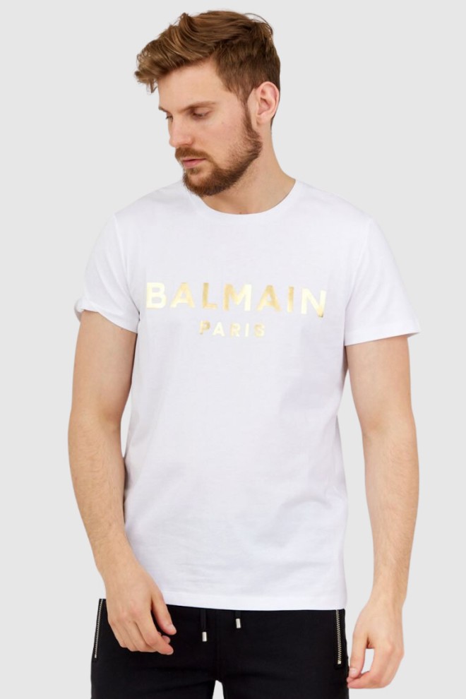 BALMAIN Biały t-shirt męski ze złotym logo, Rozmiar S