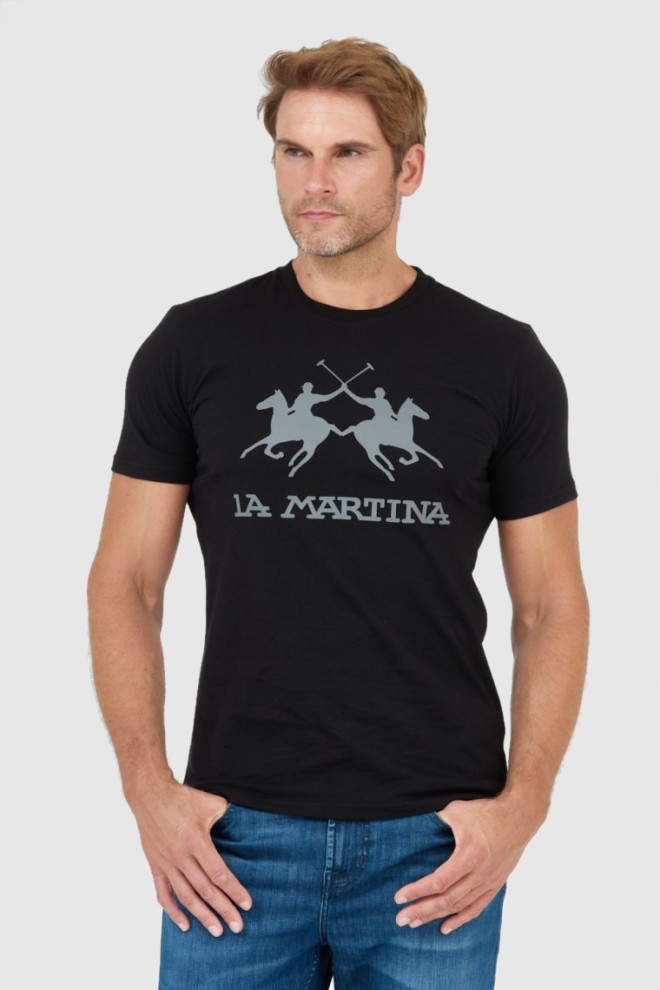 LA MARTINA Czarny t-shirt męski z szarym logo, Rozmiar XL