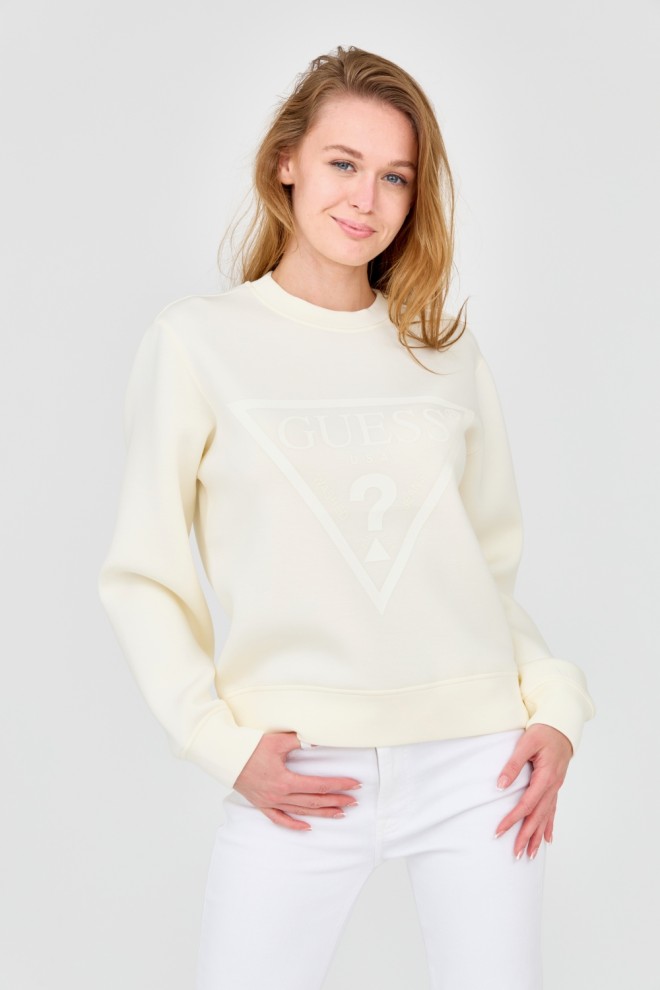 GUESS Damska bluza w kolorze ecru z dużym logo, Rozmiar L