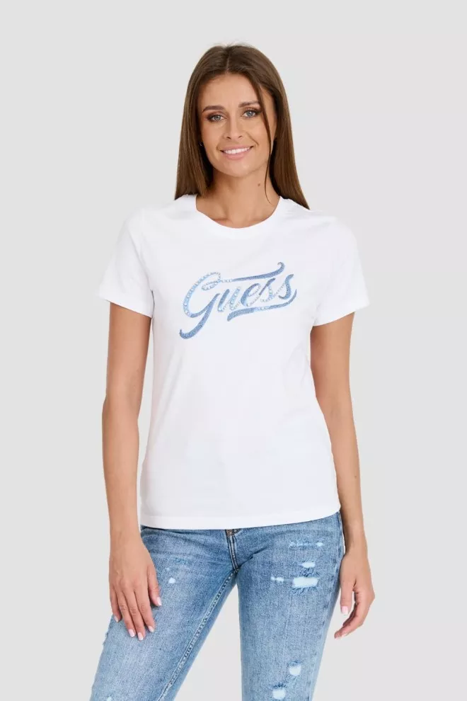 GUESS Biały damski T-shirt bawełniany STONES&EMBRO TEE, Rozmiar S