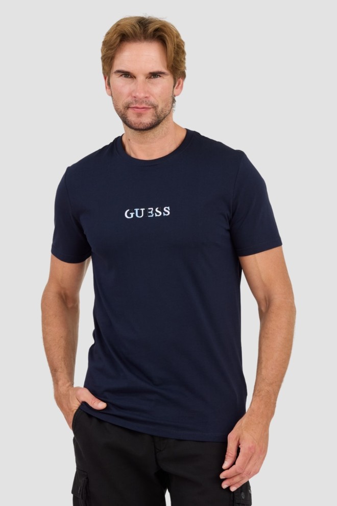 GUESS Granatowy męski t-shirt bawełniany z haftowanym logo, Rozmiar XL
