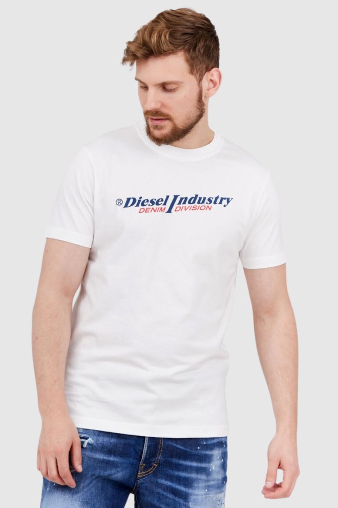 DIESEL Biały t-shirt męski z granatowym logo, Rozmiar M