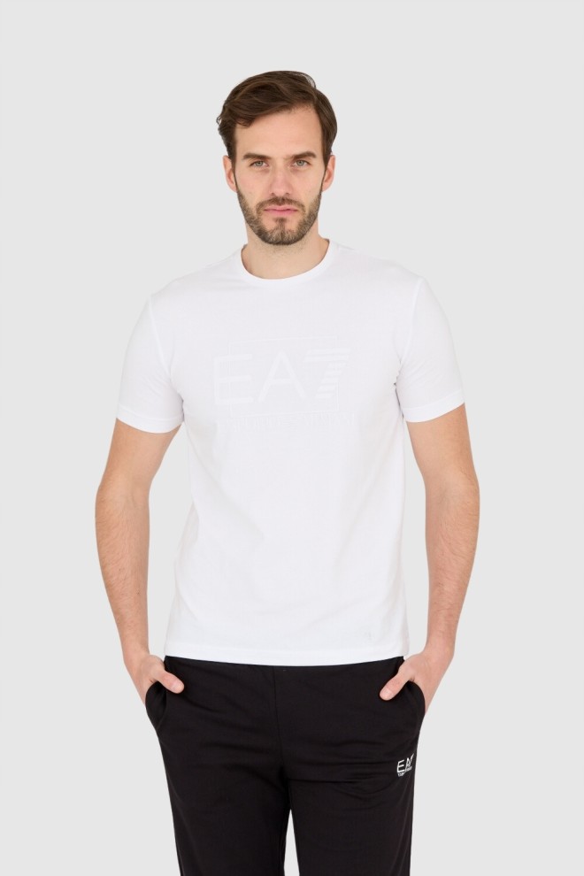 EA7 Biały męski t-shirt z dużym białym logo, Rozmiar L