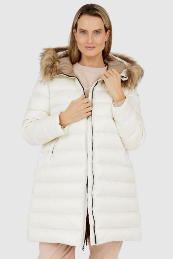 BLAUER Ecru kurtka puchowa damska z odpinanym futrem jenota, Rozmiar XS
