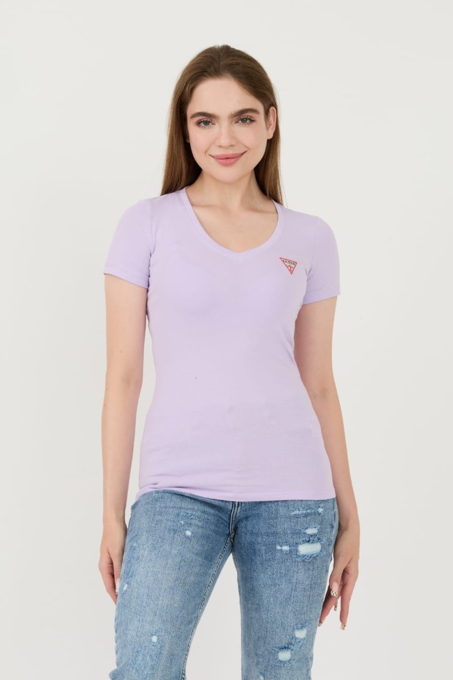 GUESS Lawendowy damski t-shirt Mini Triangle Tee, Rozmiar XL