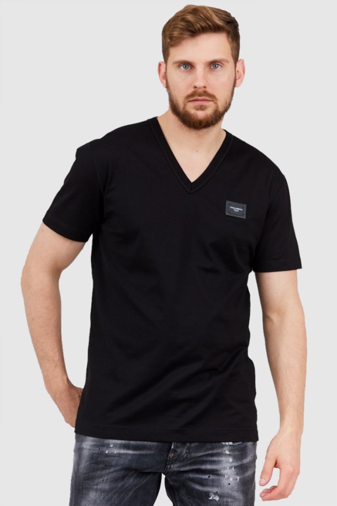 DOLCE & GABBANA Czarny t-shirt męski w serek z aplikacją z logo, Rozmiar 46
