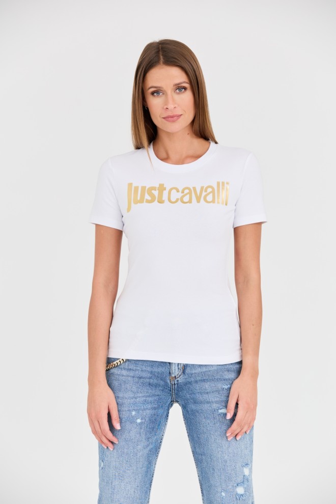 JUST CAVALLI Biały damski t-shirt Logo Gold, Rozmiar XS