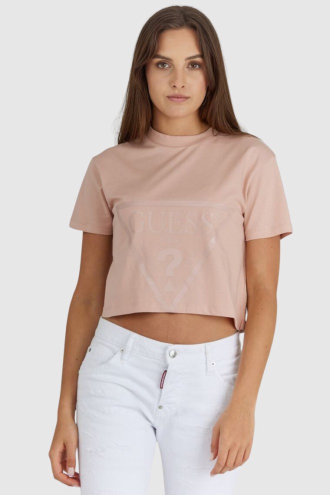GUESS Krótki różowy t-shirt damski z logo, Rozmiar M