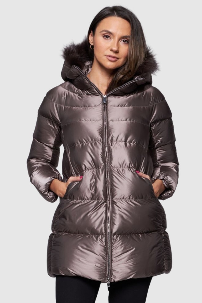 HETREGO Taupe damska długa kurtka puchowa Hanna z lisem, Rozmiar 36 EU - 40 IT