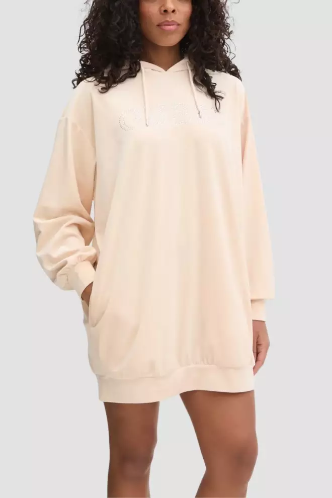 GUESS Beżowa damska długa welurowa bluza Couture, Rozmiar S